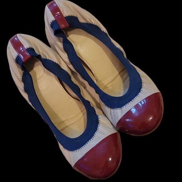 J Crew Mila Leather Cap Toe Ballet in Nude, Red, & Navy. SIZE 7 - Picture 1 of 4